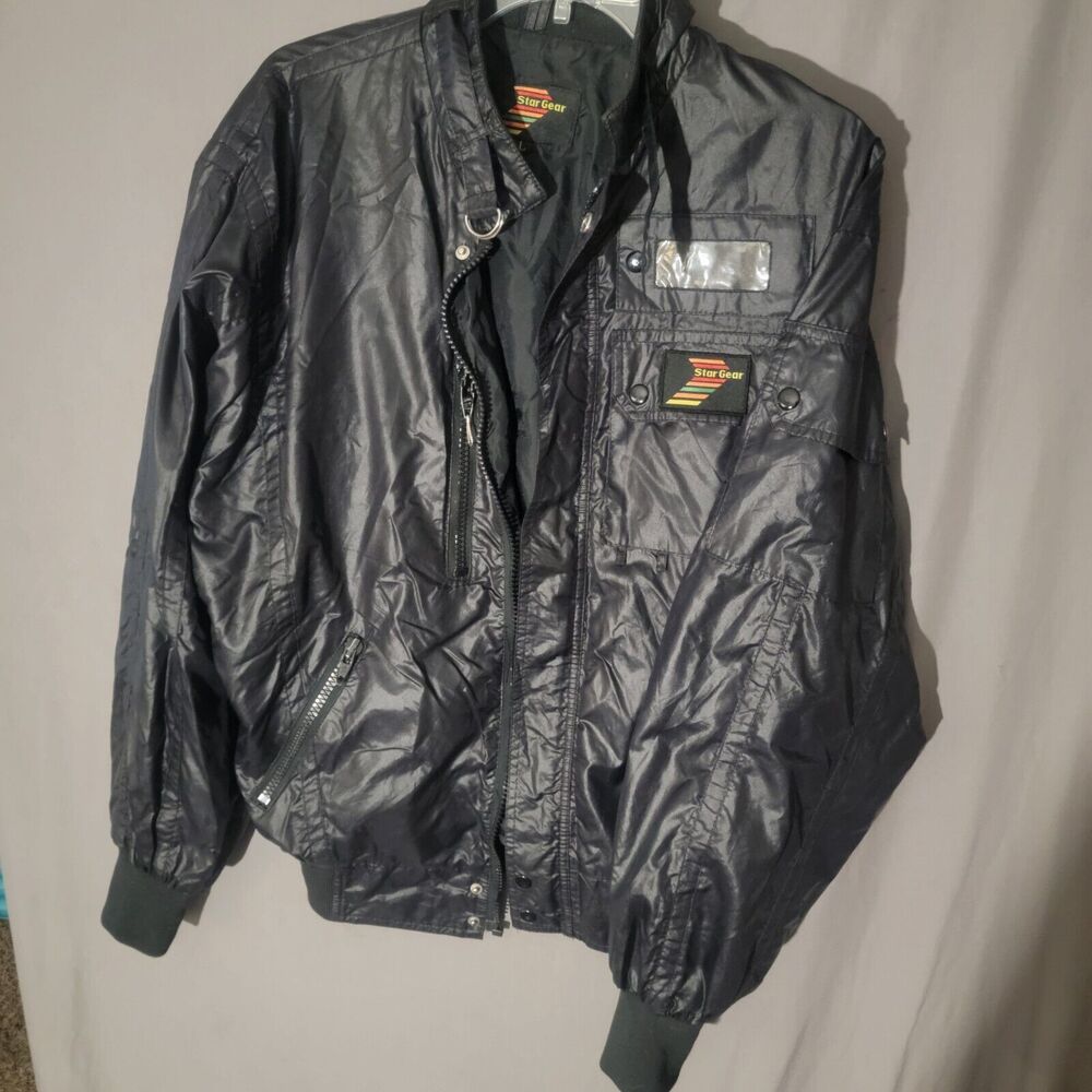 Vintage Star Gear 1980s Windbreaker Jacket Size Large Black Zip Pockets Retro